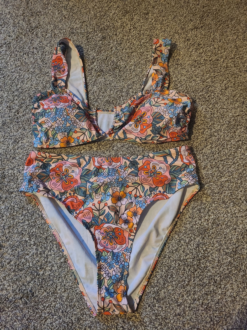 Cupshe Floral High-Waist Bikini Set - Pink, Orange & Blue